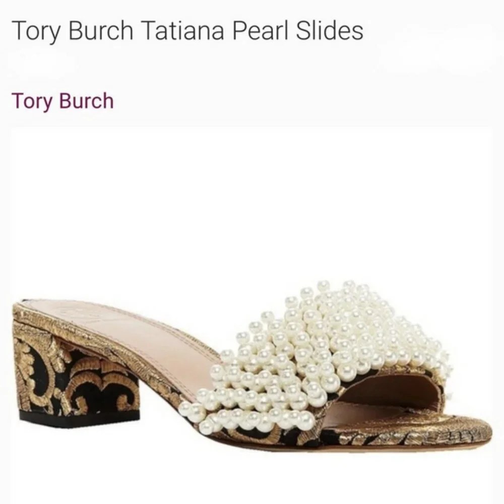 TORY BURCH Tatiana White Pearl Black Gold Brocade Slides Sandal 6M